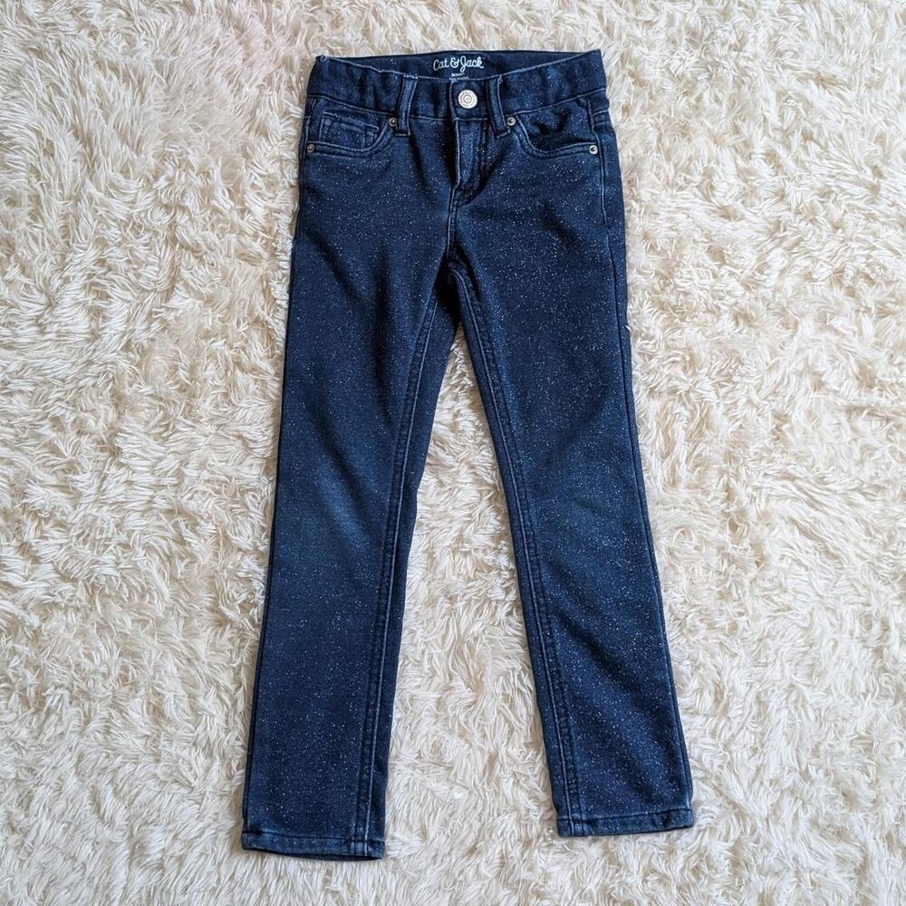 Cat & Jack Girls Size 5T Dark Blue Navy Glitter Sparkle Skinny Jeans